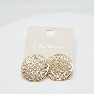 I AM Brand Earrings Round Filigree Cutout Button Gold Tone 1" FREE $HIPPING!